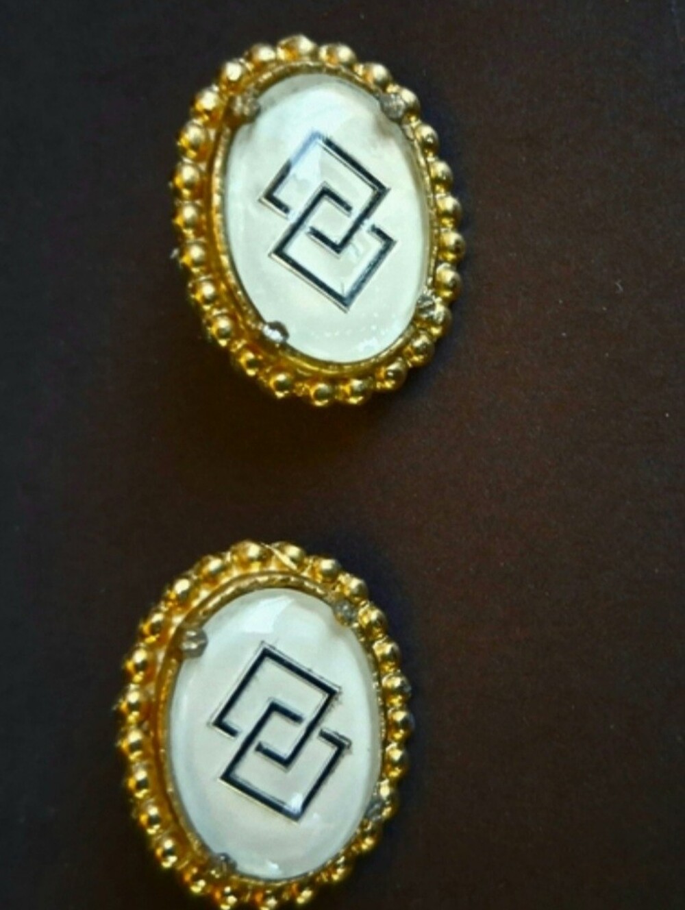 Vintage Gold and White Geometric Oval Clip Earrings